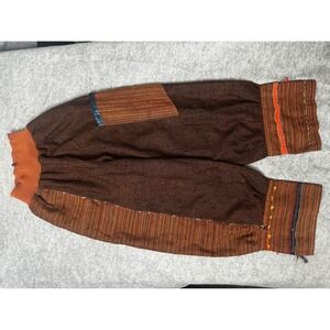 Line-Golz Womens Boho Patchwork Harem Pants Brown Woven Embroidered Tapered Leg